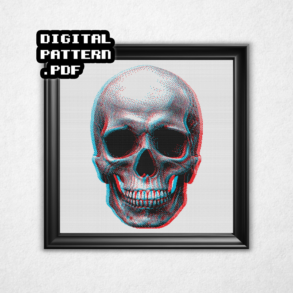 Digital rendering of a cross stitch on white aida cloth in a black frame of a bitmap style human skull in an anaglyph 3d style with cyan on the left and red on the right and offset vertically by a few stitches. Digital Pattern PDF is in bold text in the top left.