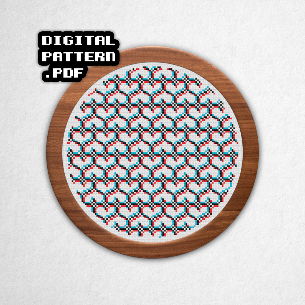 Digital rendering of a cross stitch pattern on white aida cloth in a round wooden frame of a pattern of hearts stitched in black offset red and blue stitches to the sides to create a psychedelic 3D anaglyph style effect. Digital Pattern PDF is in bold text in the top left.