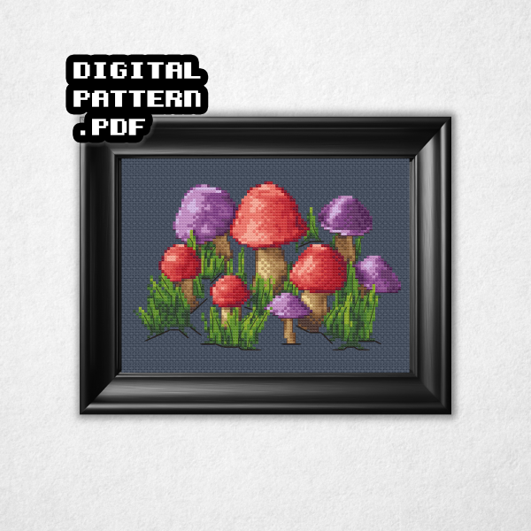 Digital rendering of a cross stitch pattern on navy aida cloth in a black frame of a troop or cluster of red and purple topped wild mushrooms surrounded in green grass. Digital Pattern PDF is in bold text in the top left.