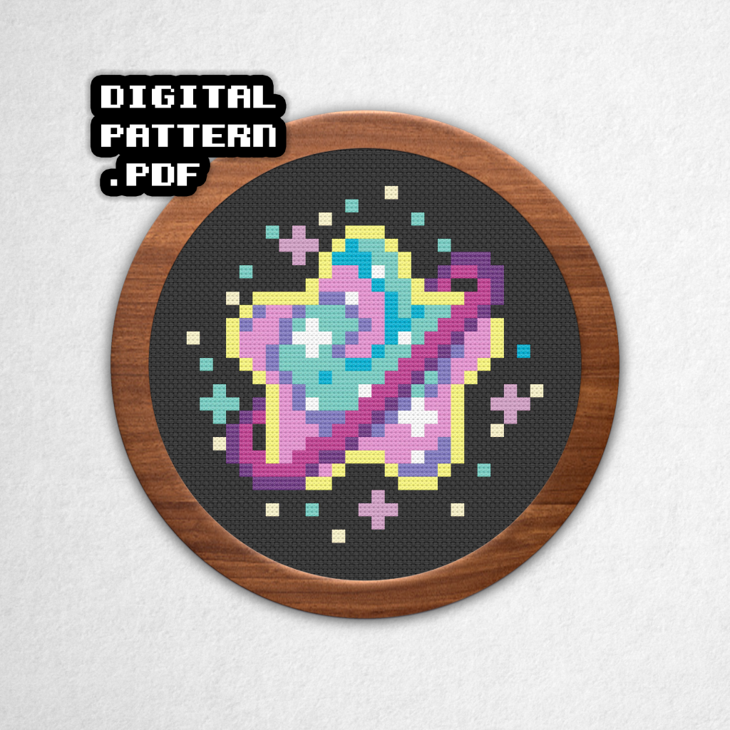 Digital rendering of a cross stitch pattern on black aida in a round wooden frame of a star shaped purple ringed planet with pink and sea green swirls all in a 3x3 pixel art block style. Digital Pattern PDF is in bold text in the top left.