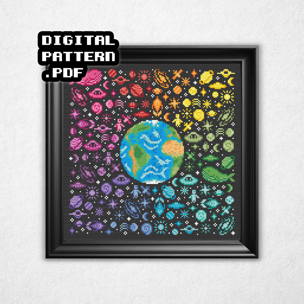 Digital rendering of a cross stitch pattern on black aida in a black frame featuring sprite artwork of planets, stars, black holes, space men astronauts, aliens, UFOs, rockets, nebulas, comets, and space whales. All in a color wheel style with earth in blue and green in the center. Digital Pattern PDF is in bold text in the top left.