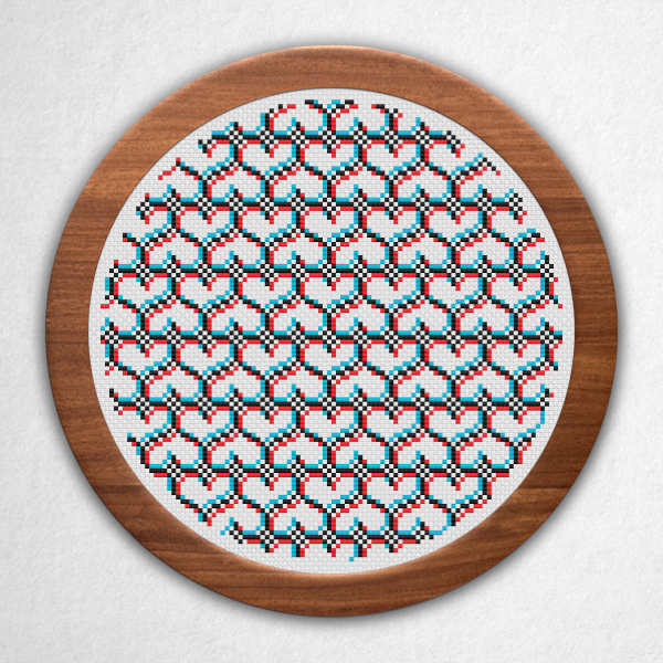 Digital rendering of a cross stitch pattern on white aida cloth in a round wooden frame of a pattern of hearts stitched in black offset red and blue stitches to the sides to create a psychedelic 3D anaglyph style effect.
