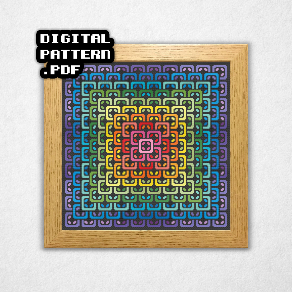 Digital rendering of a cross stitch pattern on black Aida cloth in a wooden frame of hollow rounded squares layering over each other in different colors of the rainbow! Pink starts in the middle on the top layer, down to red, orange, yellow, green, cyan, blue, and purple. Digital pattern pdf is on the top right.
