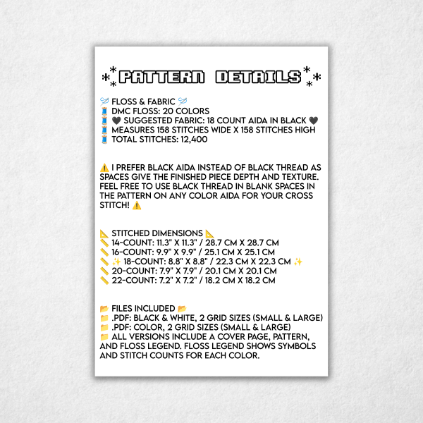 Description of the pattern in picture format. Can also be found as text in Etsy description tab.