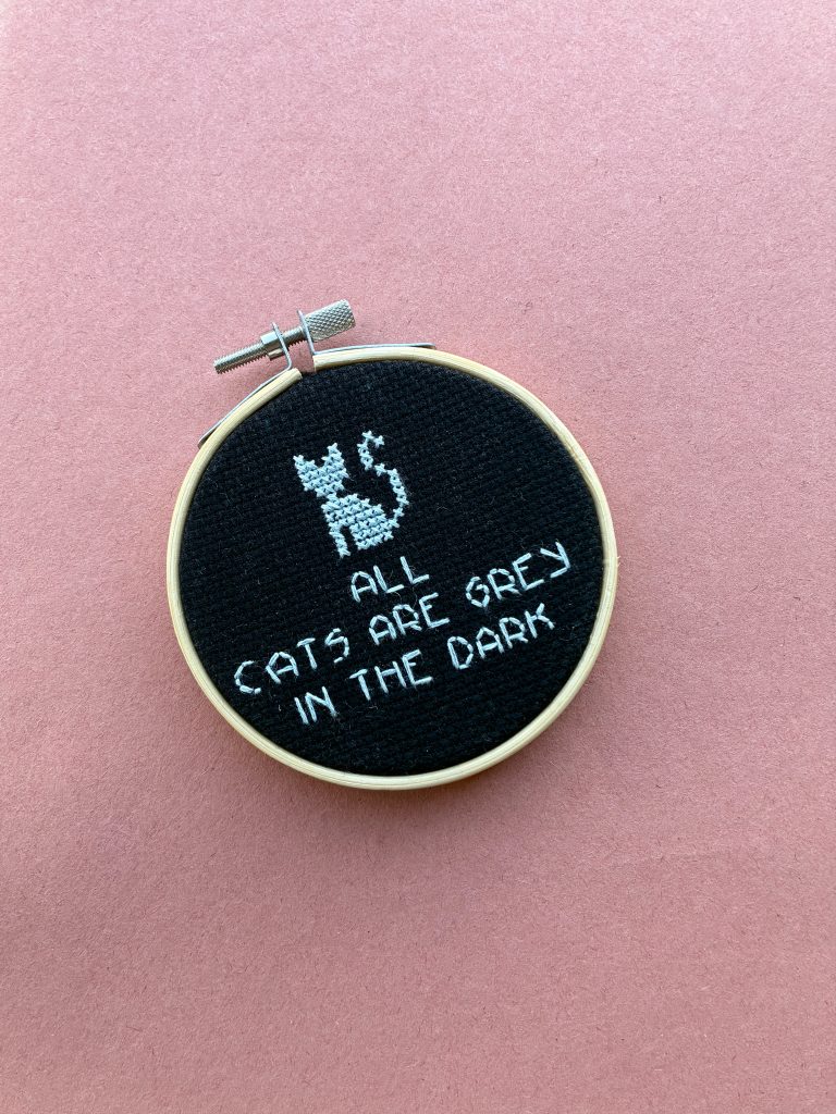 All cats are grey in the dark, Finished Cross Stitch in Hoop